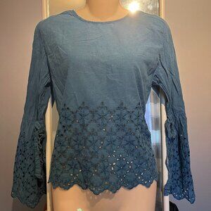 Style Envy Flowy, BOHO Shirt with Floral Cut-Outs and Ties on Bell Sleeves